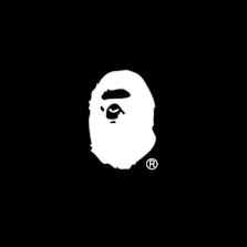 BAPE logo featuring a stylized ape head silhouette in white with facial details, and a registered trademark symbol, on a black background.