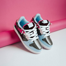The first image features a BAPE SK8 STA with a sleek design, combining blue, gray, and black tones with glossy finishes, along with bold pink accents.