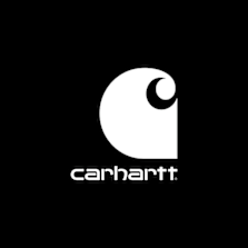 Carhartt logo featuring a stylized white 'C' shape with a circular cutout, above the word 'carhartt' in lowercase letters, on a black background.