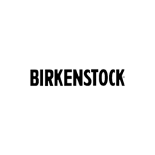 Birkenstock logo with bold uppercase letters spelling 'BIRKENSTOCK' in white, on a black background.