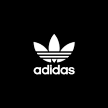 Adidas Trefoil logo with three white leaves and horizontal stripes, above the word 'adidas' in lowercase letters, on a black background.