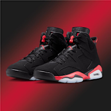 Pair of Air Jordan 6 “Infrared” sneakers in black with bright infrared accents and an icy outsole, shown against a red‑to‑black gradient background.