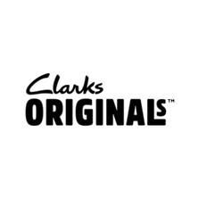 Black “Clarks Originals” logo featuring a handwritten-style “Clarks” above bold, uppercase “ORIGINALS,” centered on a light gray background.