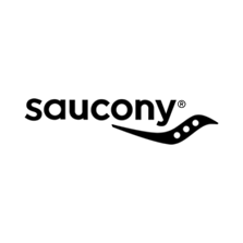 Black “saucony” wordmark in lowercase letters with a stylized wave logo featuring three circular dots to the right, all centered on a light gray background.