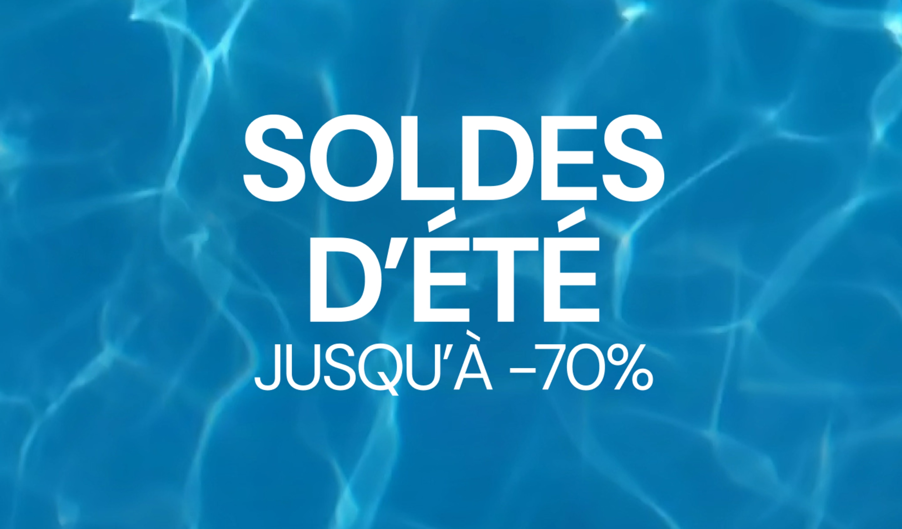 Blue water pool background with light reflections and white text reading “SUMMER SALE – UP TO 70% OFF”.