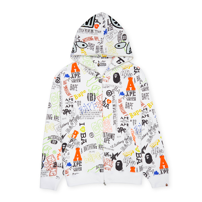 A Bathing Ape Hand Draw Pattern Shark Zip Hoodie  M blanc 83803 1