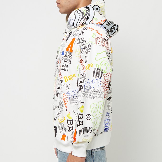 A Bathing Ape Hand Draw Pattern Shark Zip Hoodie  M white 83803 3