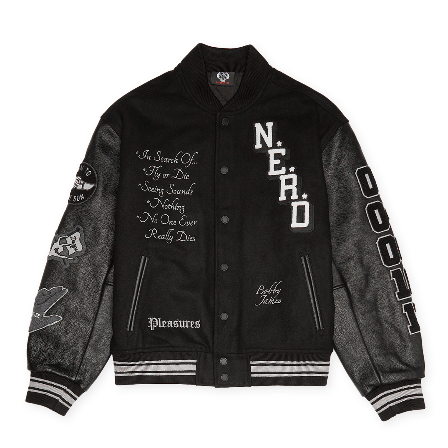 Buy Pleasures x N.E.R.D. Varsity Jacket in black | P23N001