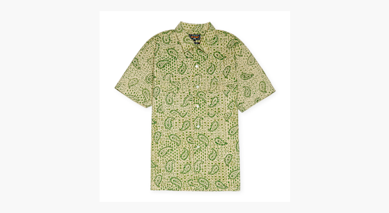 Buy Beams Plus Open Collar Block Print Paisley in green | 3801