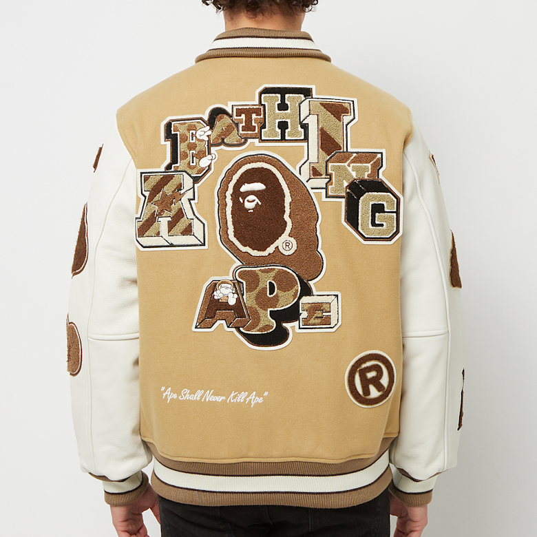 Buy A Bathing Ape Multi Motif Varsity Jacket in beige