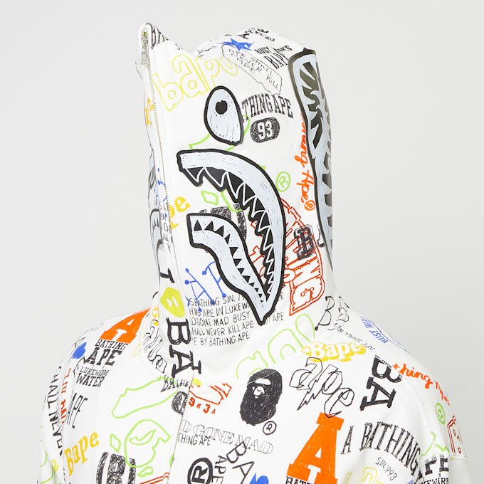 A Bathing Ape Hand Draw Pattern Shark Zip Hoodie  M white 83803 6
