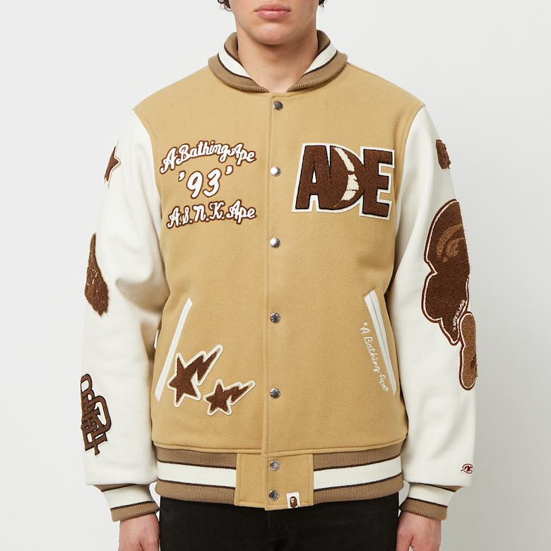 Buy A Bathing Ape Multi Motif Varsity Jacket in beige