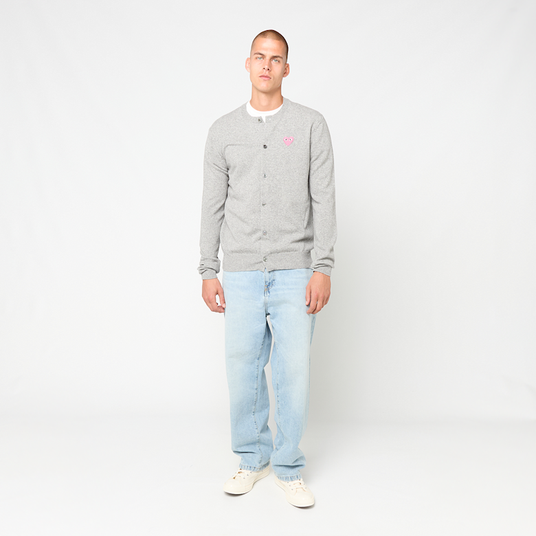 Buy Comme des Garcons Play Round Neck Cardigan Pink Emblem in grey