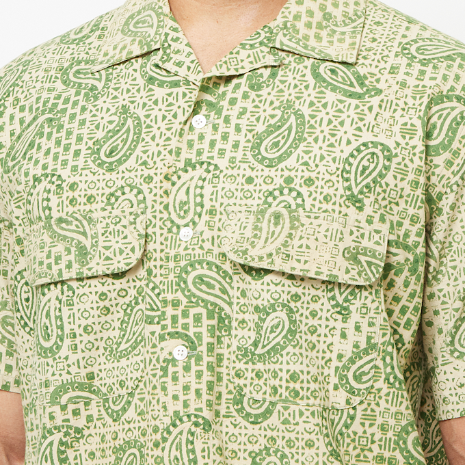Beams Plus Open Collar Block Print Paisley groen 82856 5