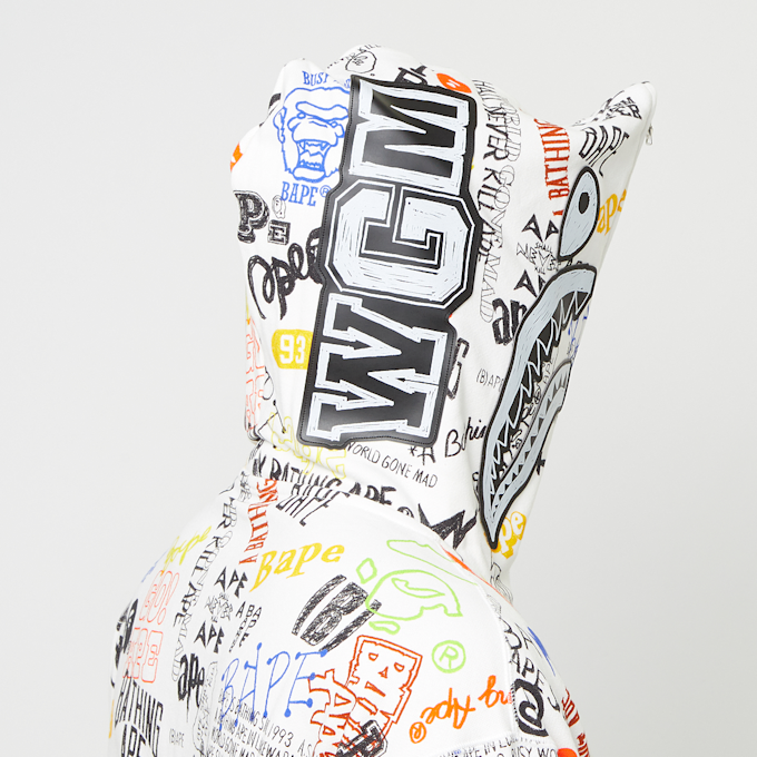 A Bathing Ape Hand Draw Pattern Shark Zip Hoodie M wit 83803 7