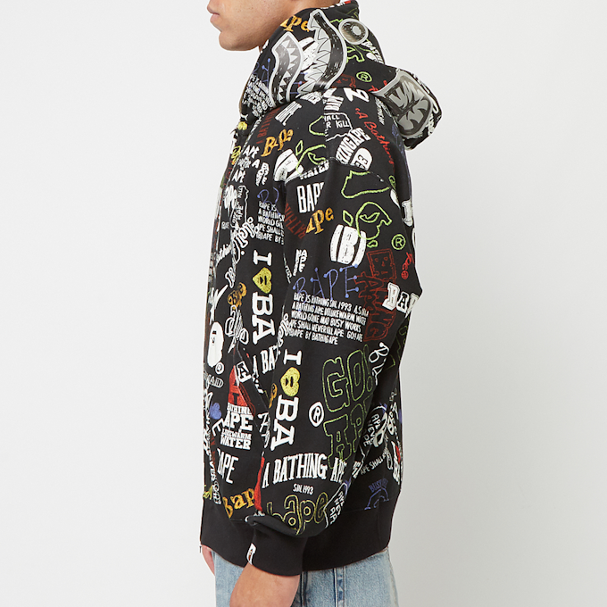 A Bathing Ape Hand Draw Pattern Shark Zip Hoodie M black 83805 3