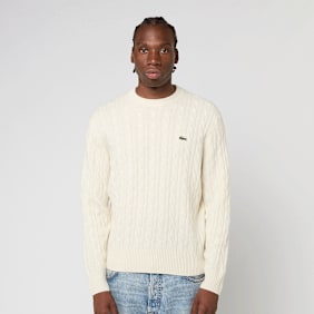 Lacoste Cable Knit Carded Wool Crew Neck Sweater beige
